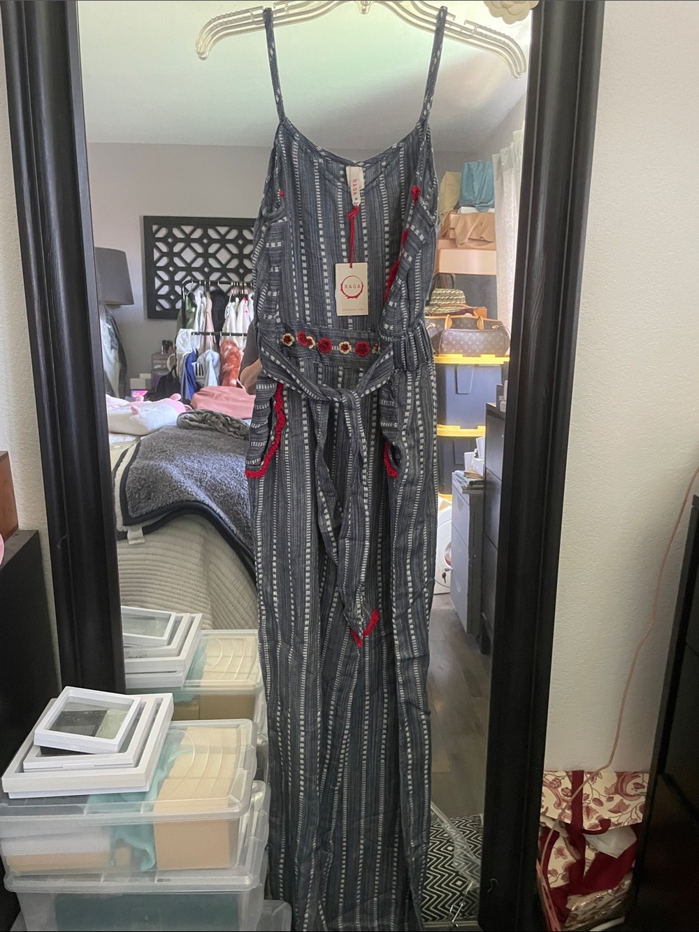 RAGA Blue Striped Embroidered Jumpsuit with Red Accents
